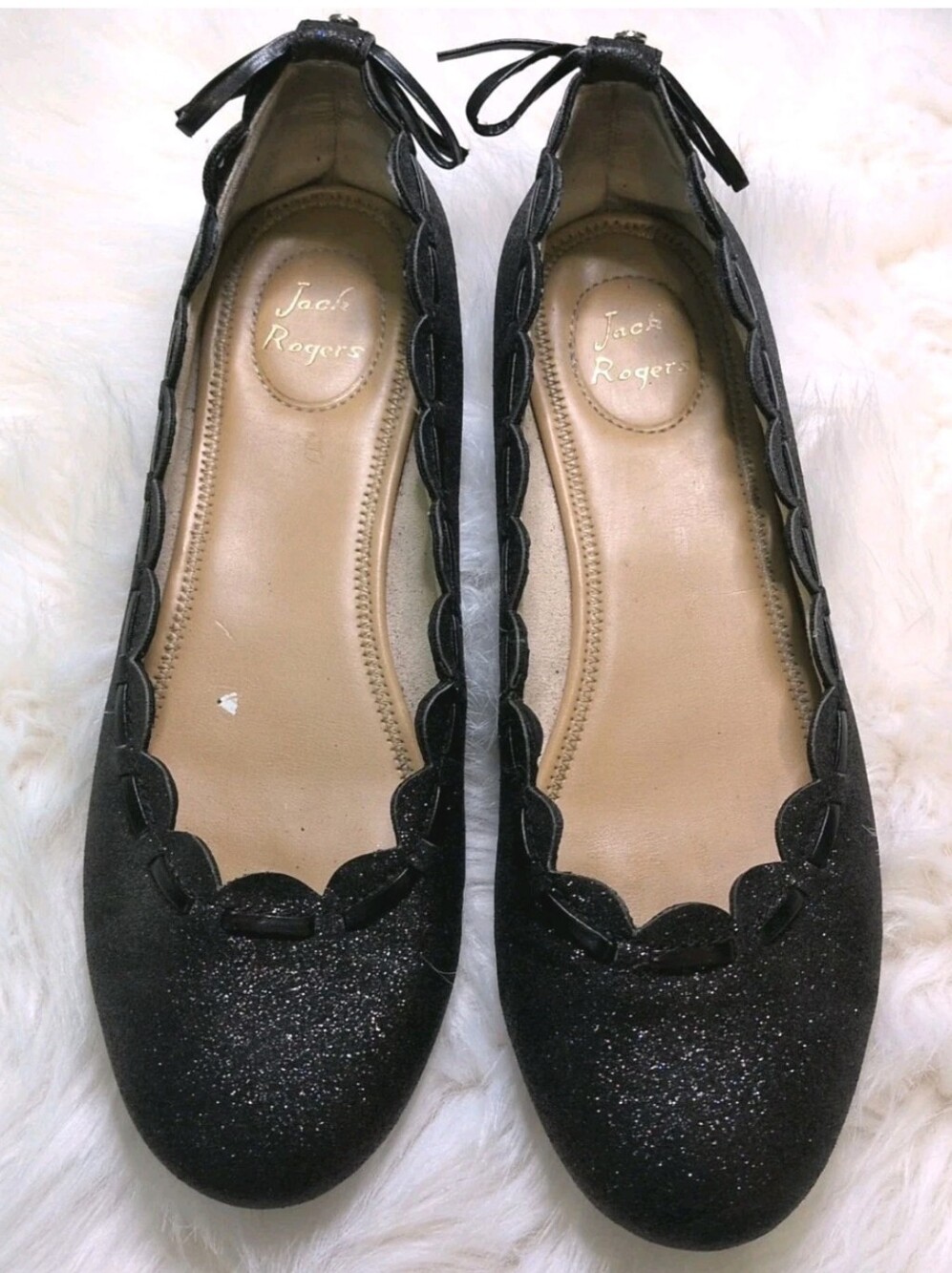 Jack Rogers Black Glitter Scallop-Edge Flats with Ankle Tie 9